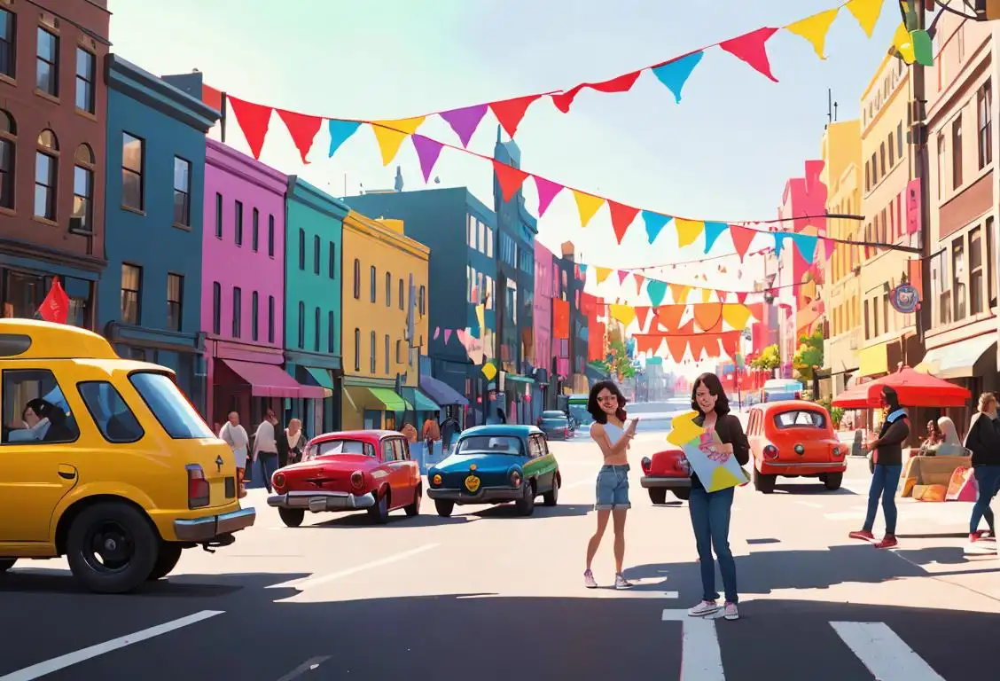 Group of diverse people holding colorful signs, wearing casual clothes, city street backdrop with buildings and cars..
