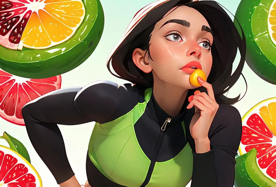 Young woman enjoying a guilt-free treat, wearing workout clothes, surrounded by vibrant fruits and vegetables..