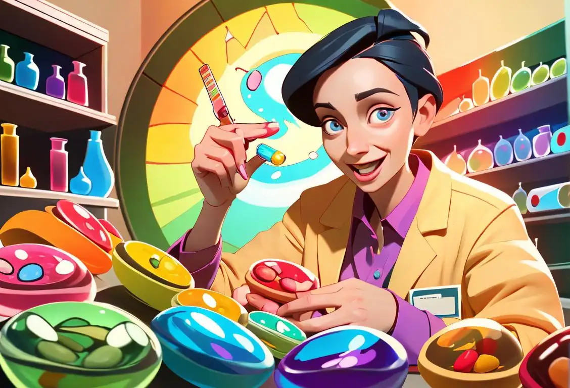 Cheerful person surrounded by colorful pills and wearing a lab coat, exploring a pharmacy with a lively atmosphere..