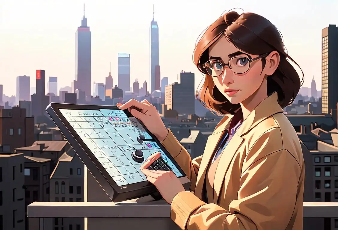 A person with a calculator, surrounded by mathematical equations, wearing a trendy outfit, modern city skyline in the background..