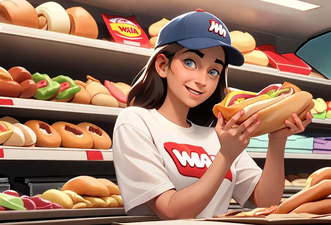 Happy customer enjoying a Wawa hoagie, wearing a Wawa t-shirt and cap, surrounded by vibrant store shelves and friendly employees..