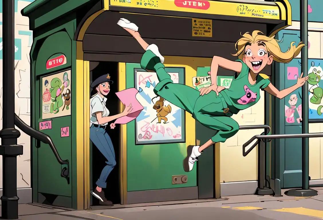 A lighthearted image of a person gracefully hopping over a subway turnstile, exuding excitement and adventure. Their outfit reflects a playful style and urban setting..