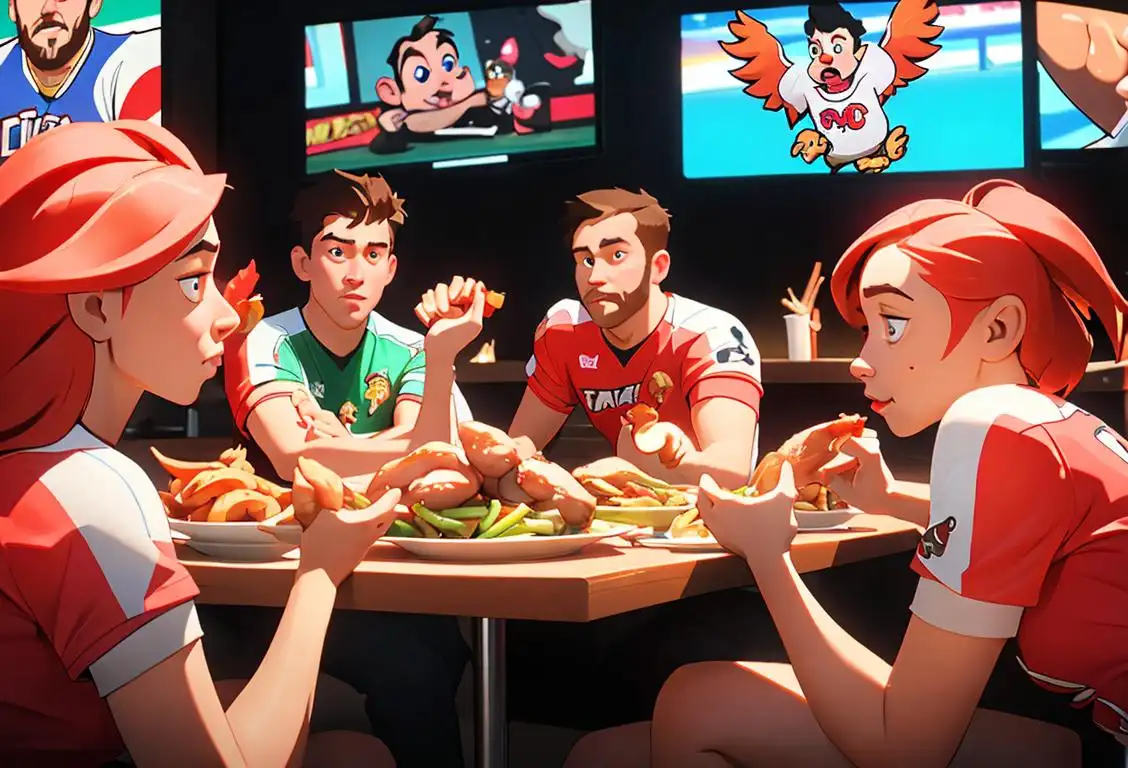 A group of friends enjoying a plate of delicious chicken wings at a lively sports bar, wearing team jerseys, surrounded by TV screens showing an exciting game..
