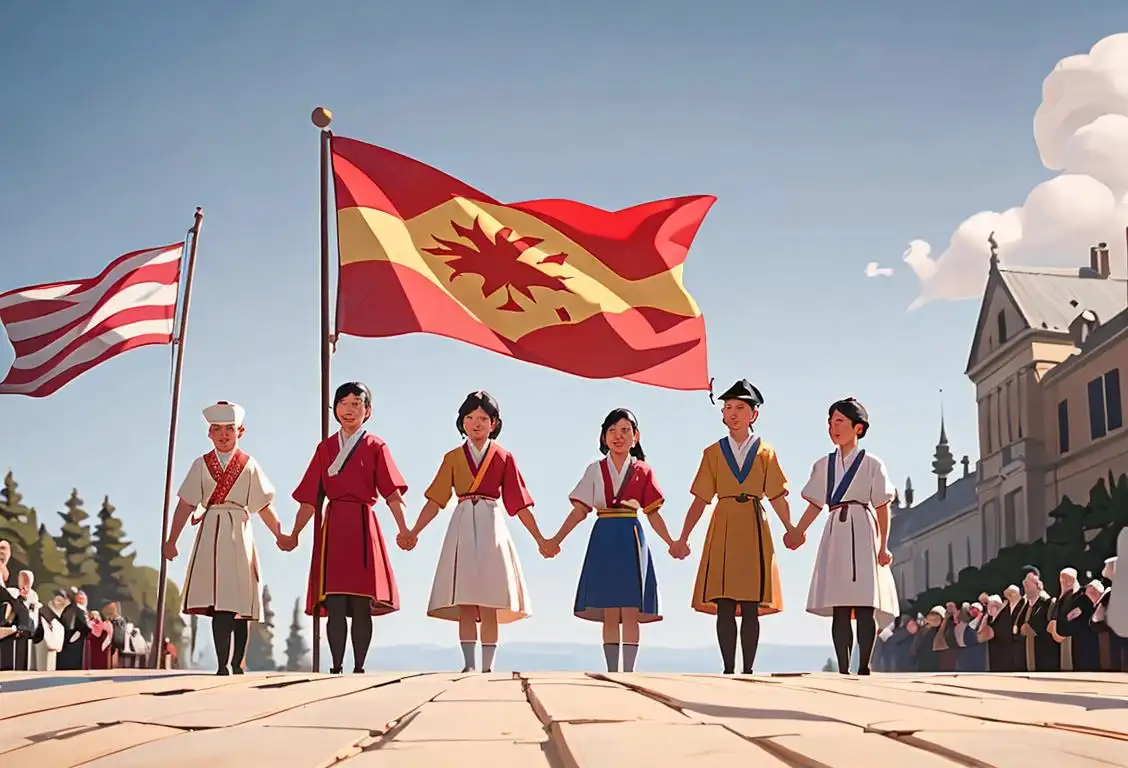 A diverse group of people, wearing traditional and modern clothing, holding hands and standing in front of a majestic flag backdrop..