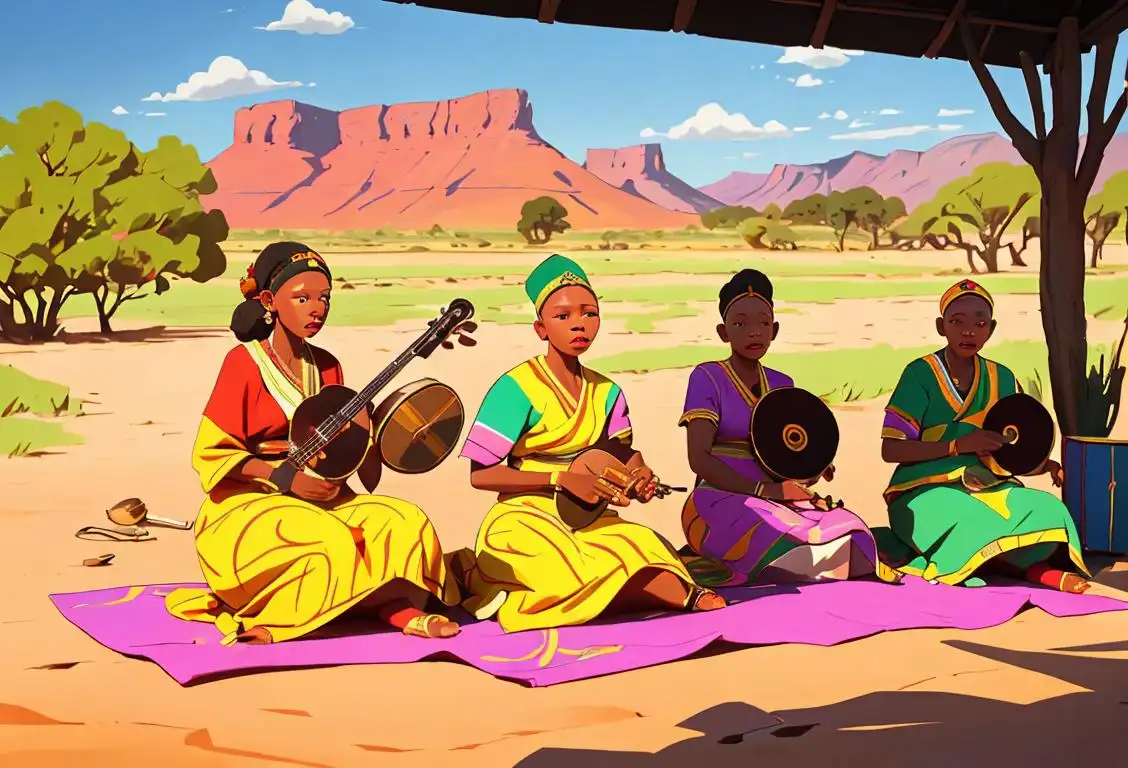 A diverse group of people playing various traditional South African musical instruments, dressed in colorful African attire, against a backdrop of beautiful South African landscapes..