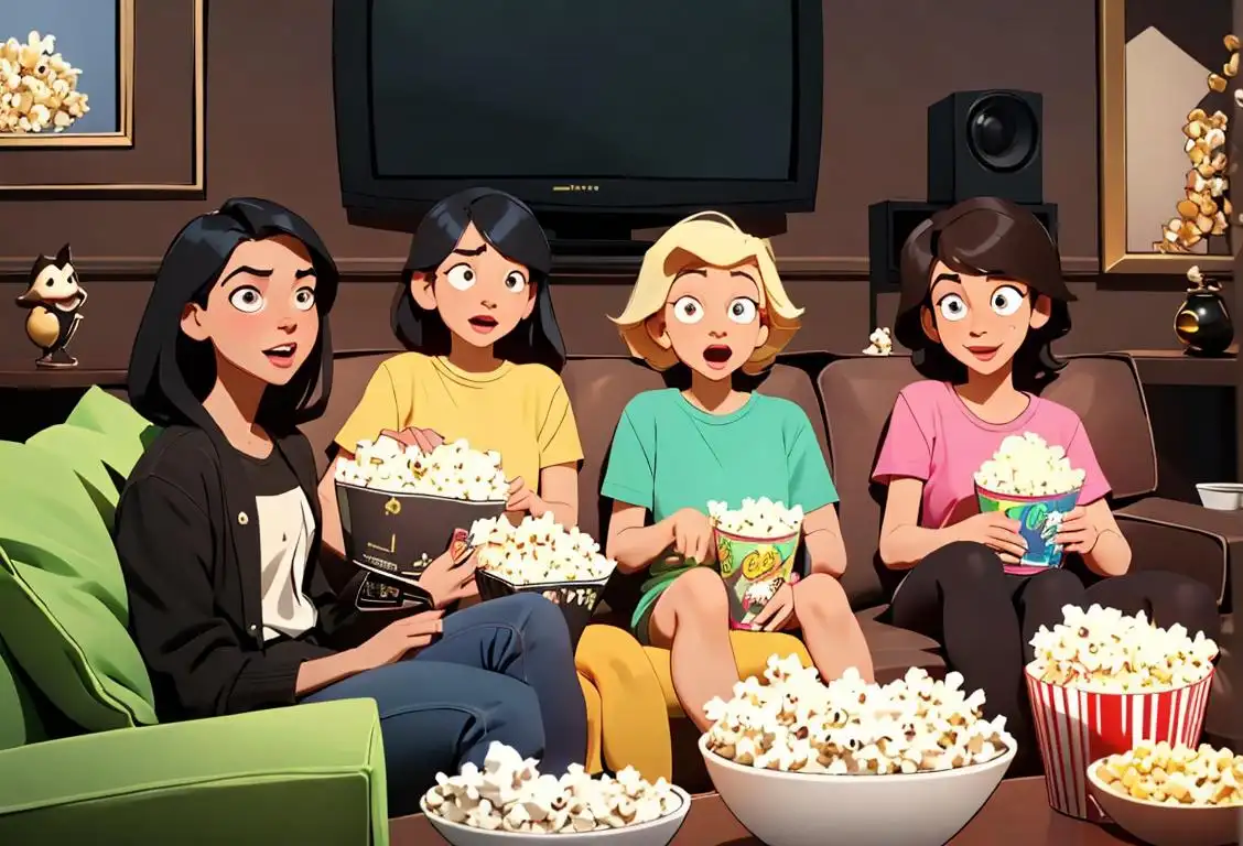 A group of diverse friends sitting on a couch with popcorn and excited expressions, with a TV screen showing a variety of genres from drama to reality shows..