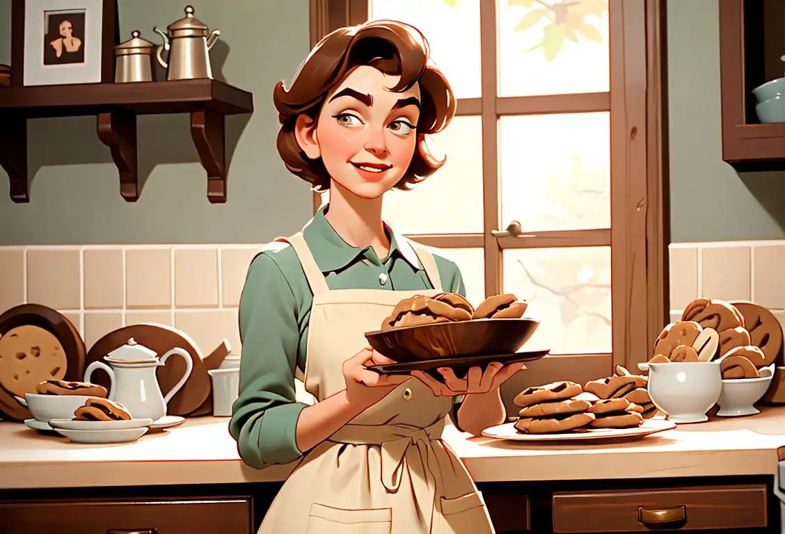 Young woman joyfully holding a plate of pecan cookies, dressed in a charming vintage outfit, in a cozy kitchen with rustic decor..