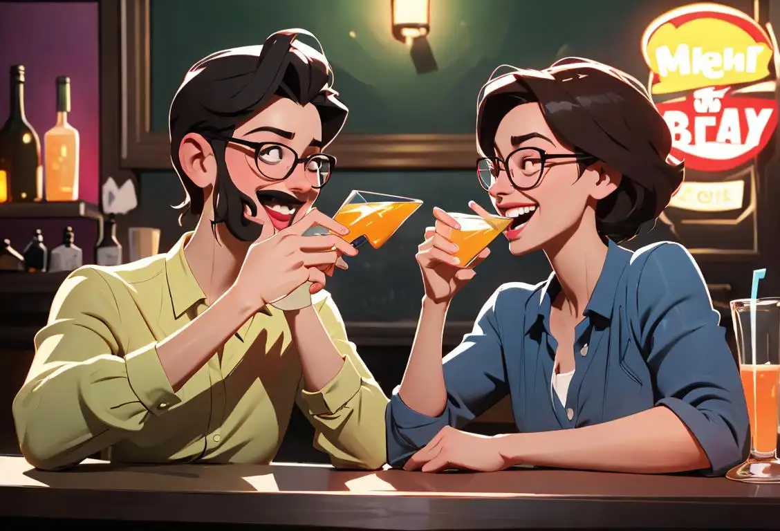 Two friends cheersing their glasses, wearing casual attire, in a vibrant bar scene filled with laughter..