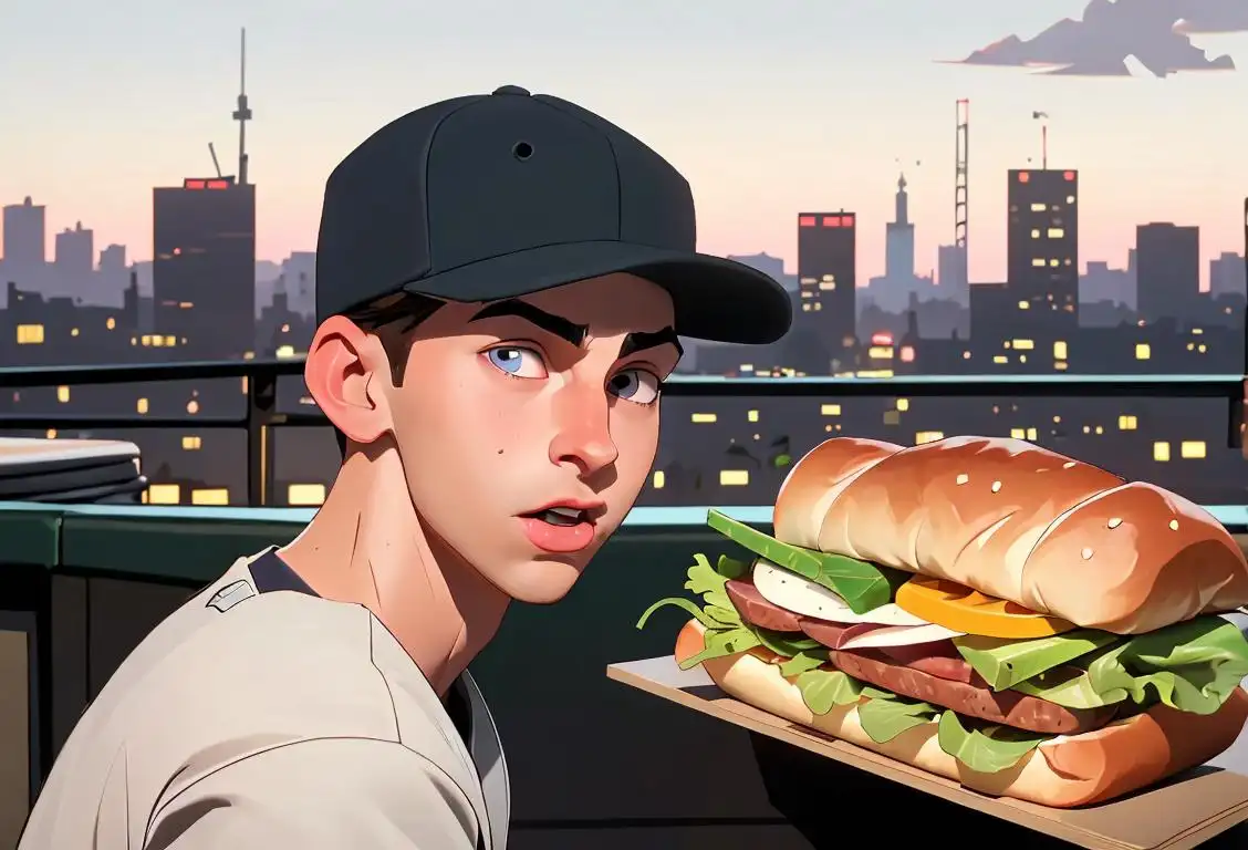 Young man enjoying a mouthwatering sub sandwich, wearing a trendy baseball cap, urban cityscape background..