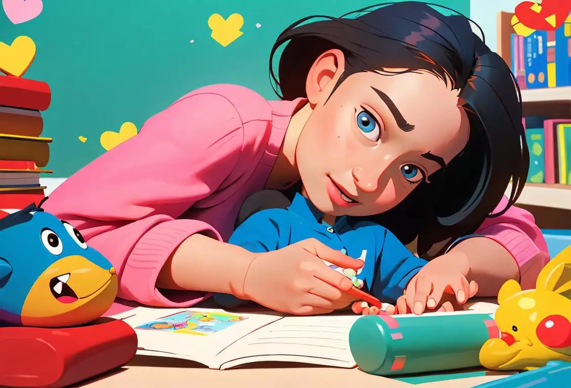 A loving parent holding a child's hand, surrounded by books and educational toys, with a playful, colorful backdrop..