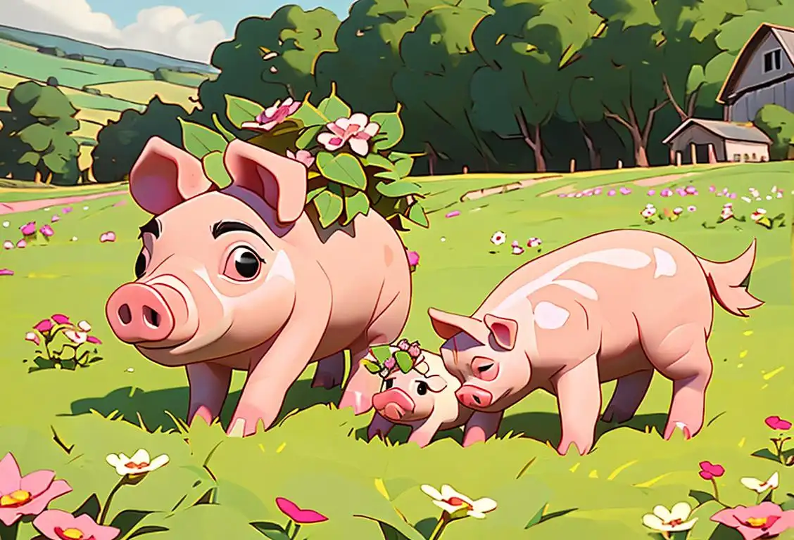 Curly-tailed piglet in a meadow, wearing a flower crown, farmyard setting with a vintage barn..