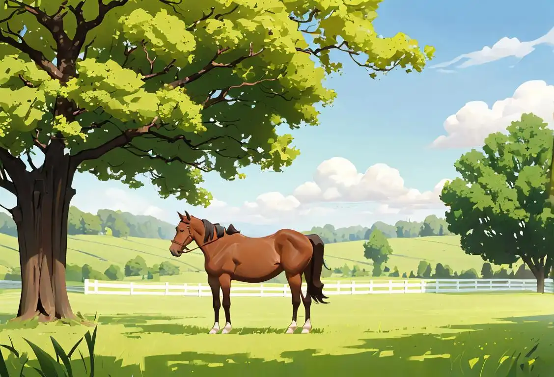 Young boy grooming a horse in a sunny, scenic pasture surrounded by lush greenery and wearing equestrian attire..