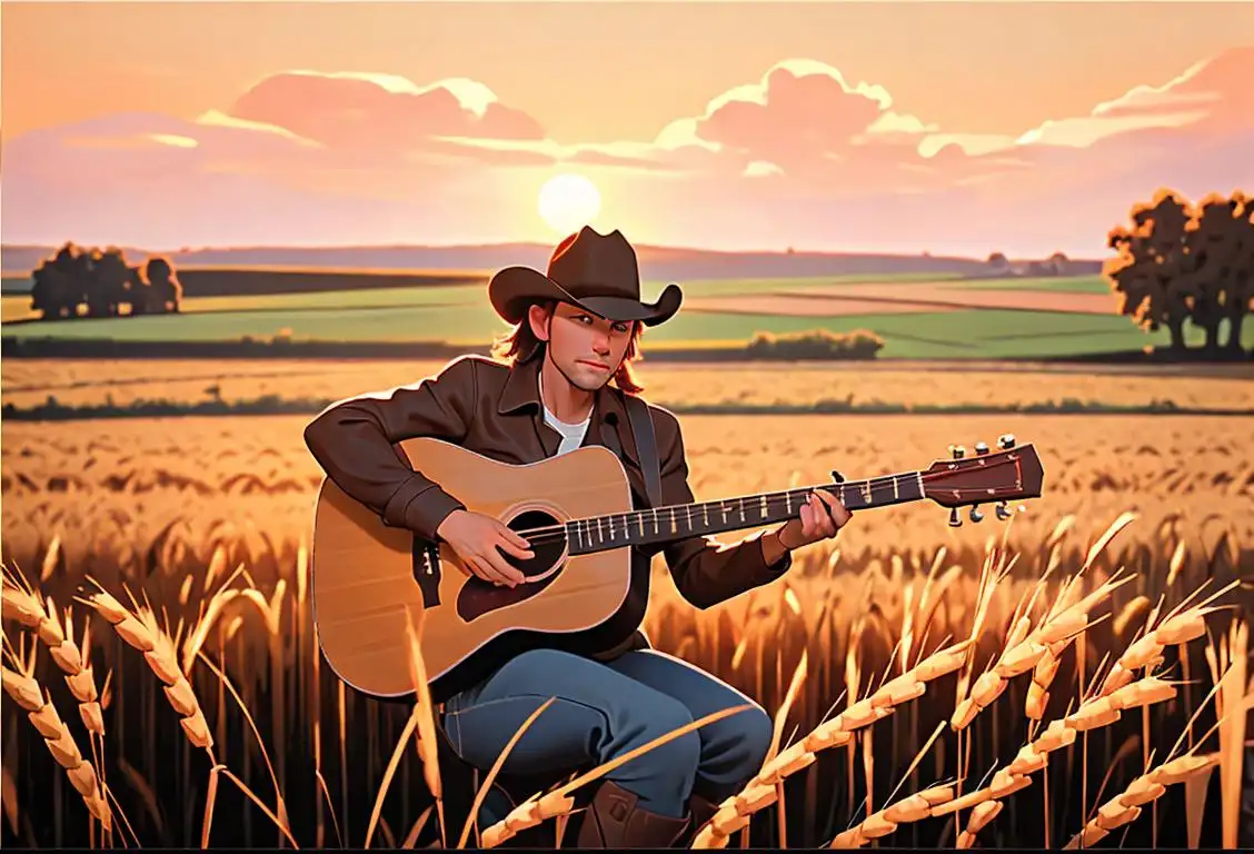 Cowboy boots, acoustic guitar, and sunset over a wheat field, capturing the essence of National Country Music Day..