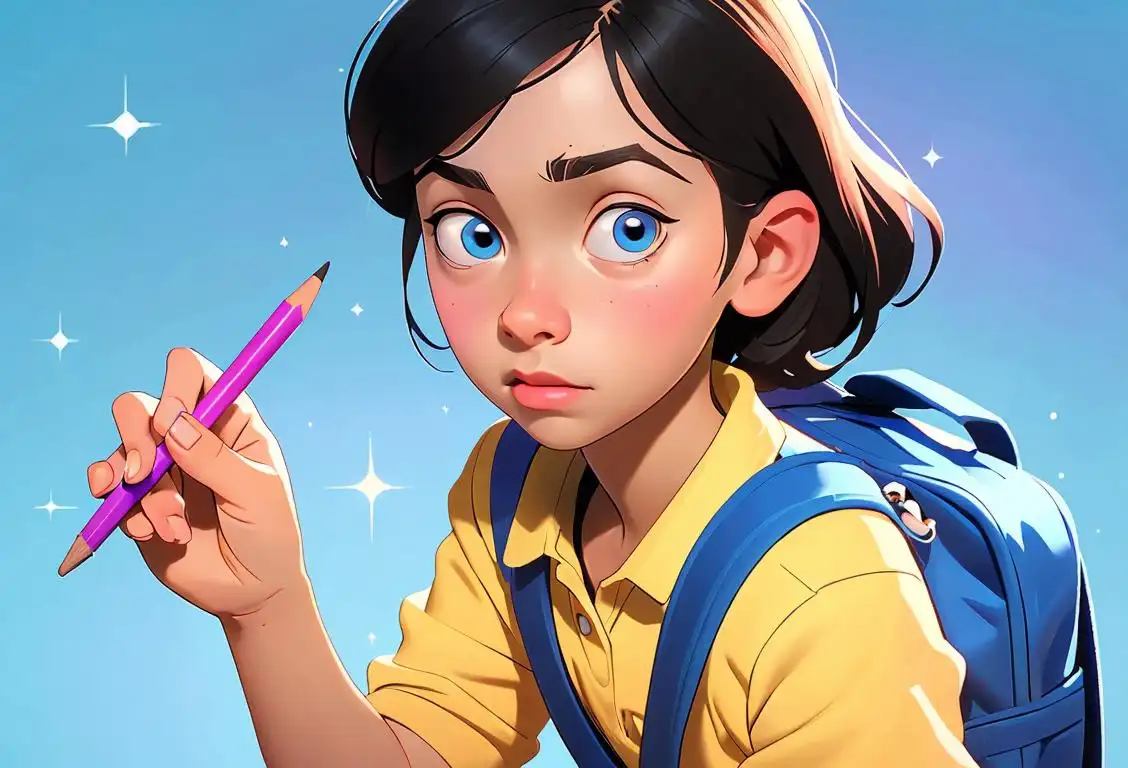 Young student holding a pencil, wearing a backpack, surrounded by colorful erasers and a sparkly blue background..