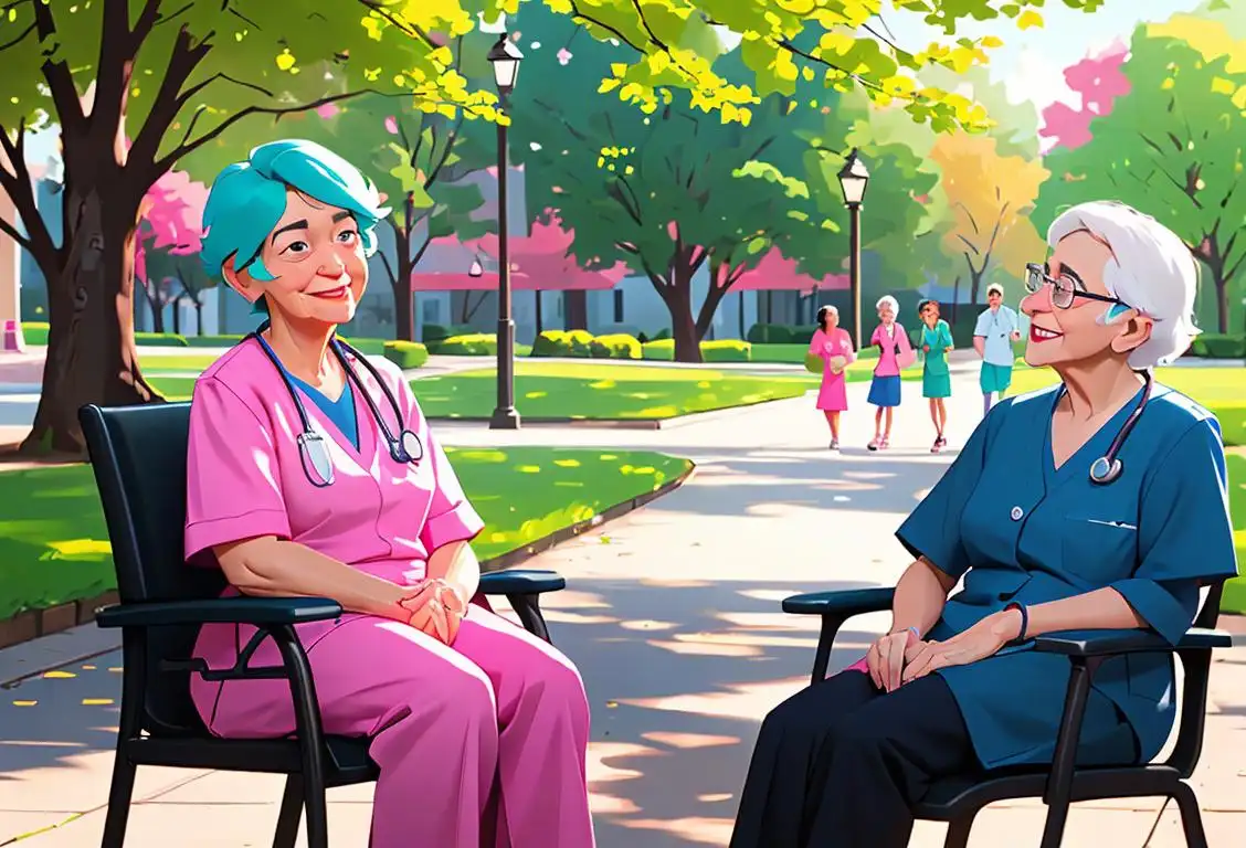 Happy seniors, sitting in a park, dressed in colorful clothing, discussing healthcare decisions with compassionate healthcare professionals nearby..