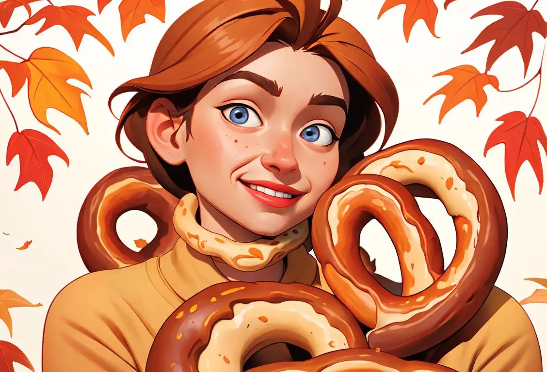 Cheerful person with a giant pretzel in hand, wearing a cozy sweater, autumn leaves in the background..