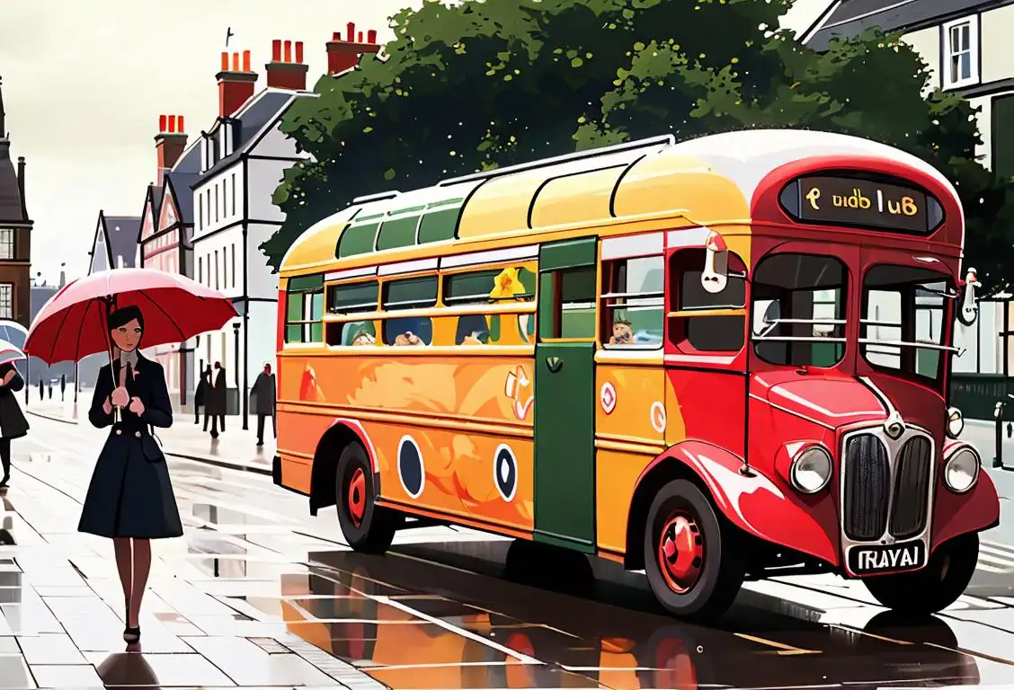 A group of people dressed in iconic UK clothing, holding umbrellas, with a double-decker bus in the background..