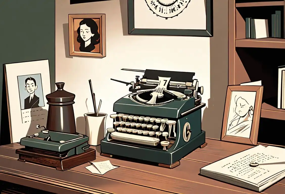 Vintage typewriter on a wooden desk, surrounded by old books, cozy reading nook.