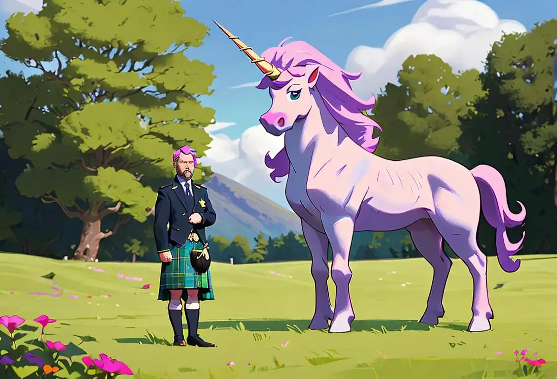 Adult male in traditional Scottish attire, standing beside a majestic unicorn in the lush, green Scottish Highlands..