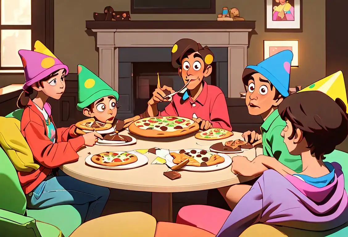 Group of friends having a pizza party, enjoying freshly baked chocolate chip cookies, wearing colorful party hats and casual attire, in a cozy living room..