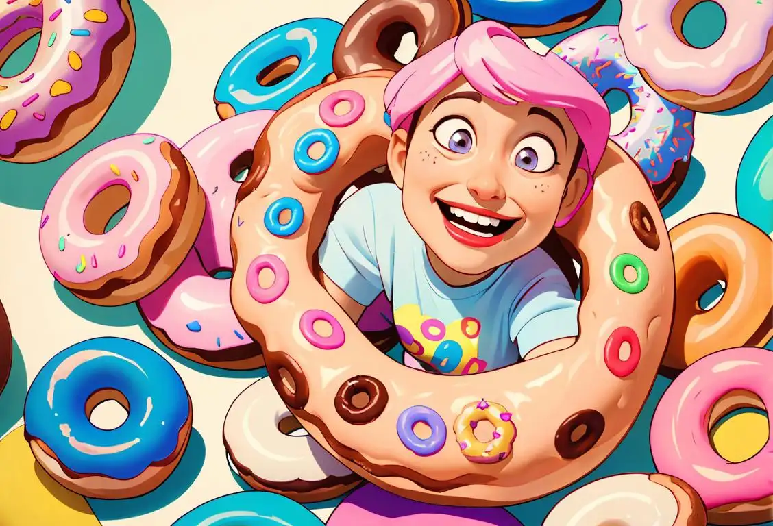 Cheerful person in a donut-themed outfit, happily talking to a donut with smiley face, surrounded by colorful decorations..