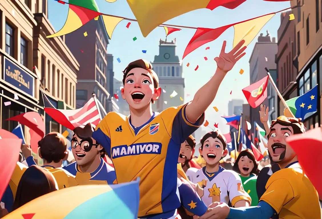 Group of joyful people wearing team jerseys, waving flags, and surrounded by confetti in a lively downtown cityscape..