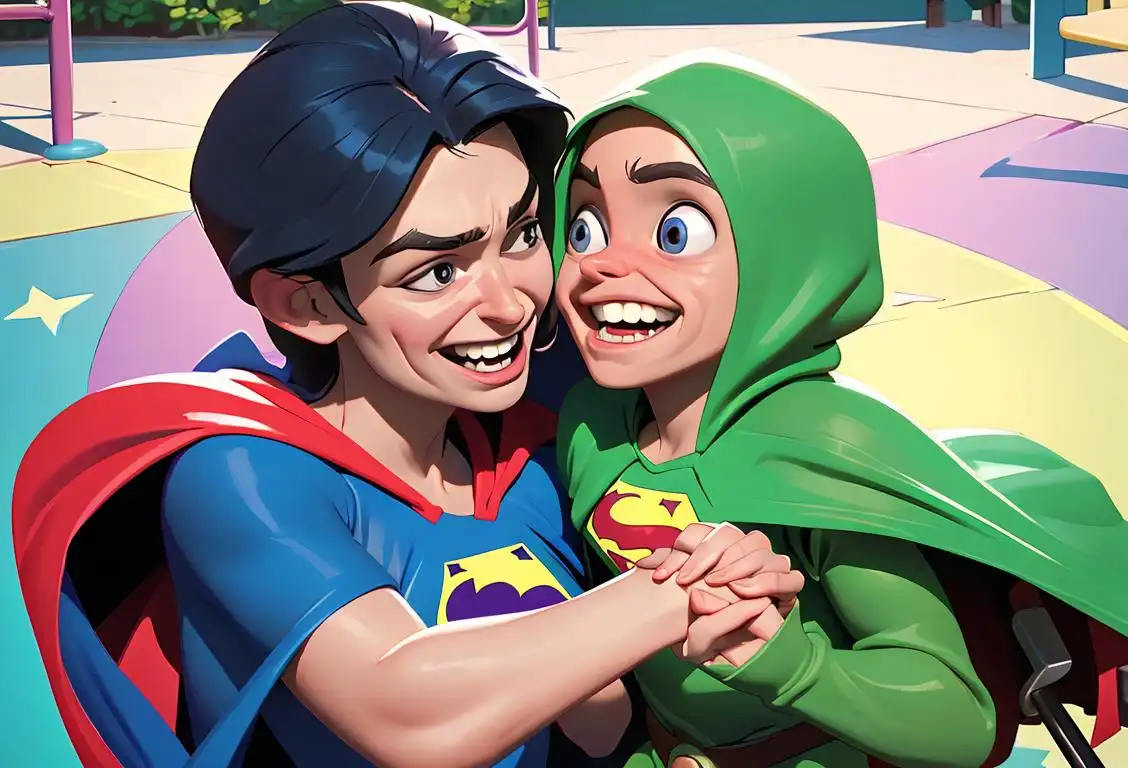 A child with cerebral palsy holding hands with their parent, wearing matching superhero capes, in a colorful playground filled with laughter..