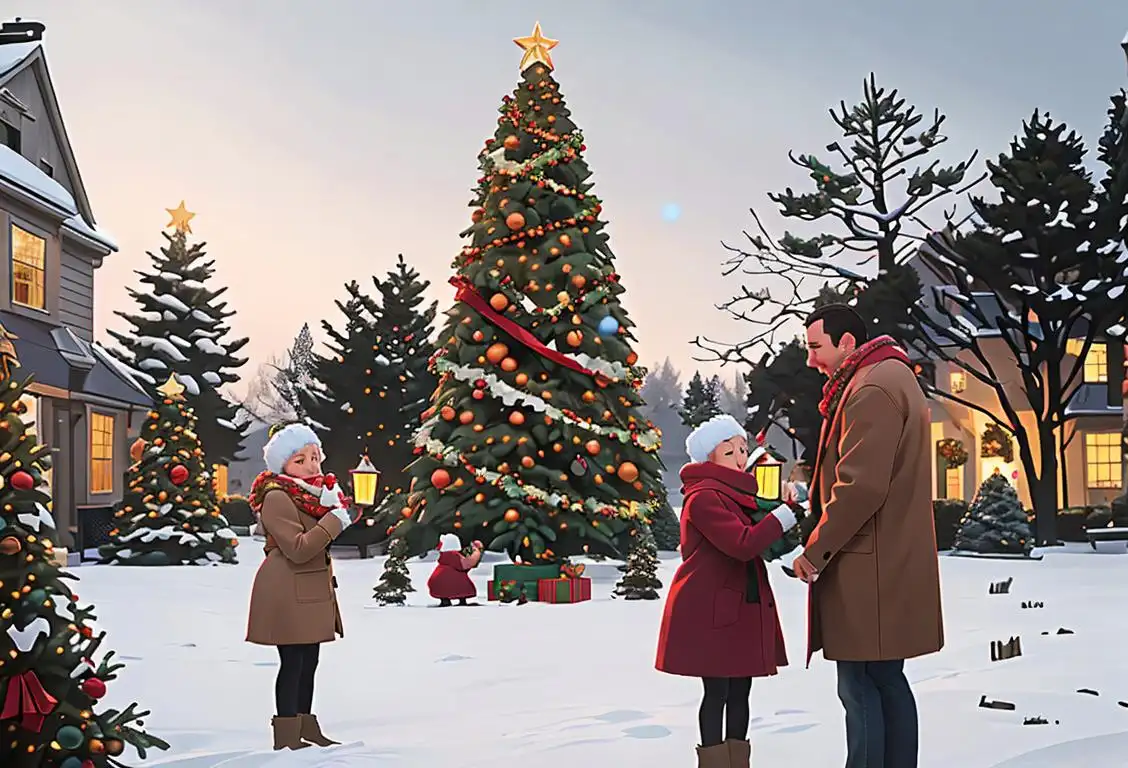 A family gathers around the National Christmas Tree, adorned in winter coats and scarves, with a snowy backdrop, capturing the festive spirit..