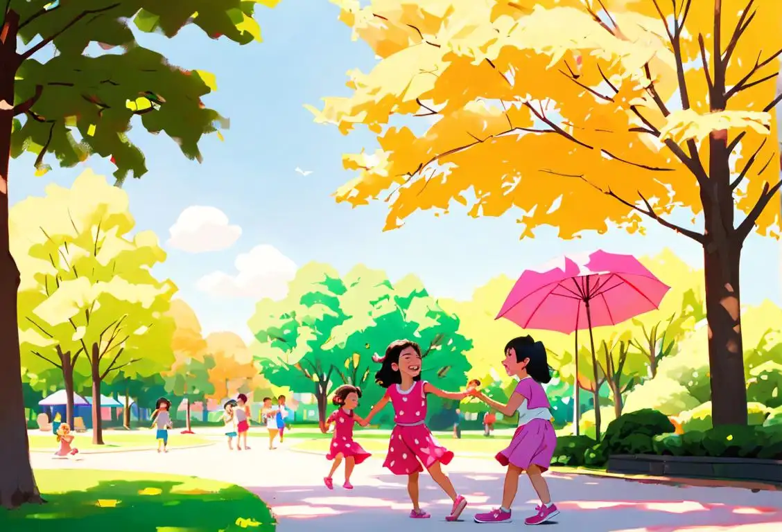 Happy kids playing in a colorful park, wearing summer clothes, enjoying a sunny day outdoors..