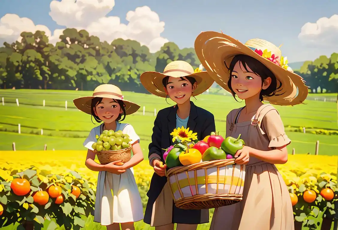 A group of happy children, wearing straw hats and holding baskets, surrounded by blooming fields of fruits and vegetables..
