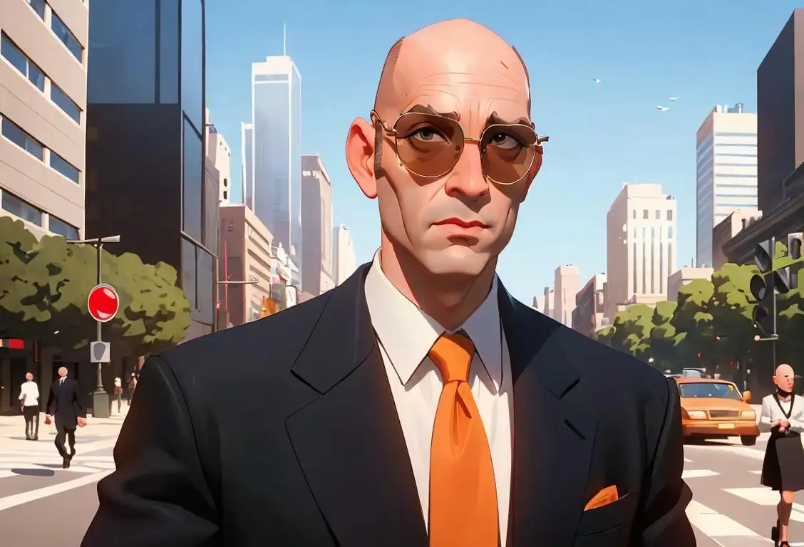 A confident bald man wearing sunglasses, dressed in fashionable attire, walking down a city street with skyscrapers in the background..
