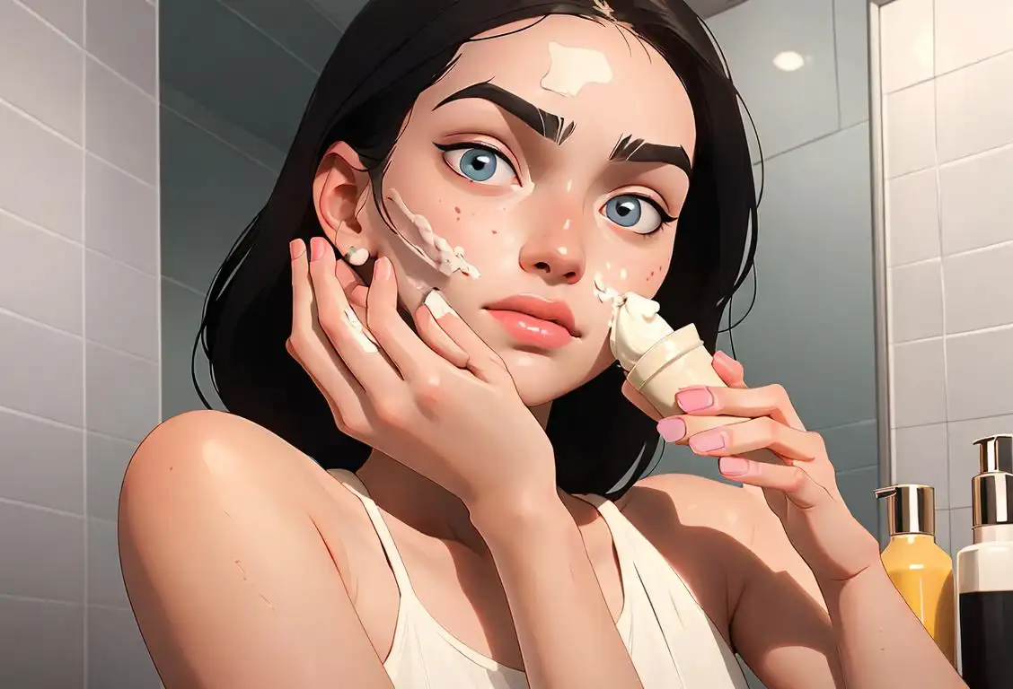 Young person with acne, confidently applying pimple cream while surrounded by skincare products, embracing the beauty of their blemished skin in a calming bathroom setting..