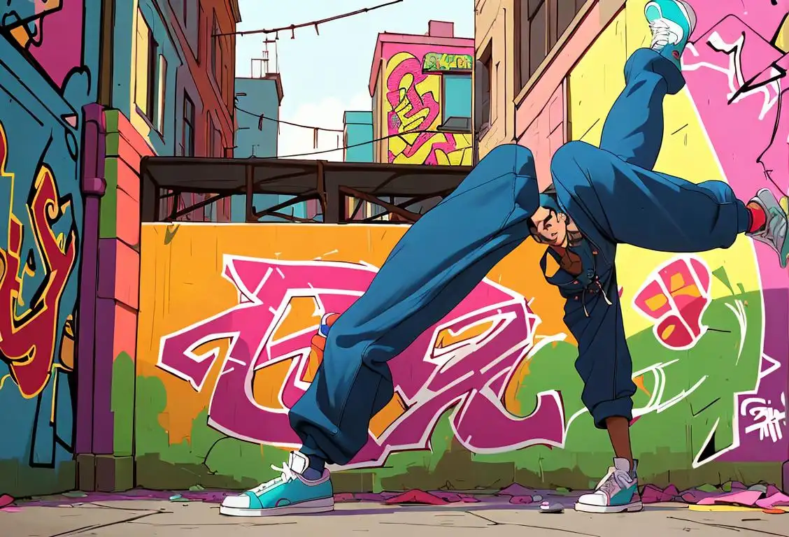 Young man breakdancing on a vibrant graffiti-covered street, wearing baggy pants, retro hip-hop fashion, urban city scene..