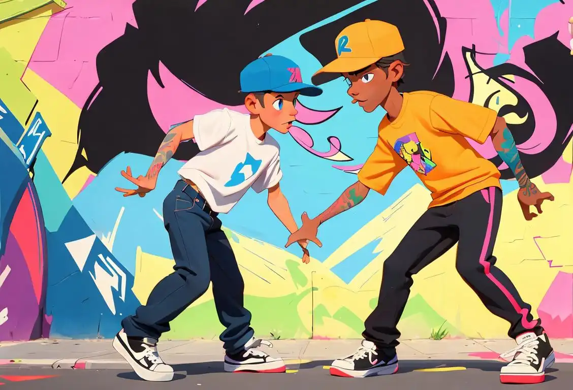 Two young men wearing snapback caps, skateboarding in a street full of colorful graffiti art..