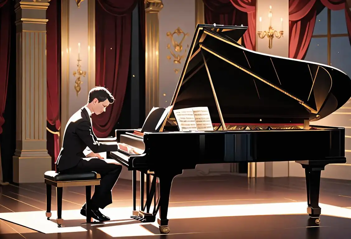 Young pianist, dressed in formal attire, performing with passion and concentration on an elegant grand piano, surrounded by a classical music hall ambiance..