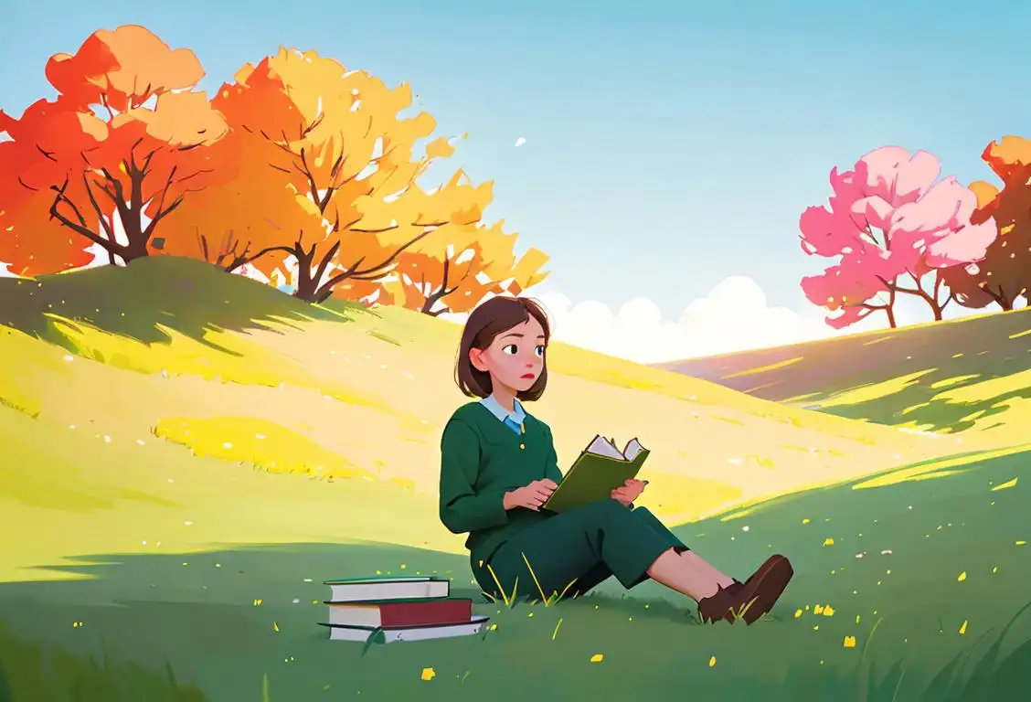 A young girl sitting on a grassy hill, with a stack of colorful books beside her, surrounded by floating letters and illustrations..