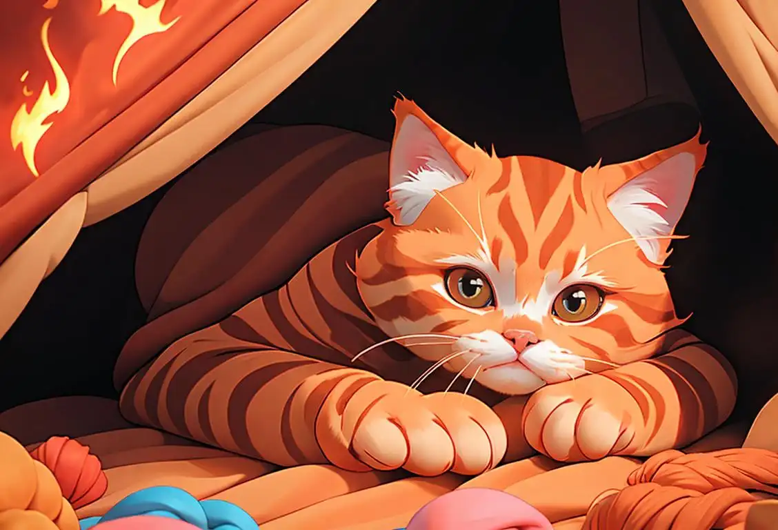 Ginger cat with fiery fur, playfully peeking out from under a cozy blanket, surrounded by colorful yarn and toys..