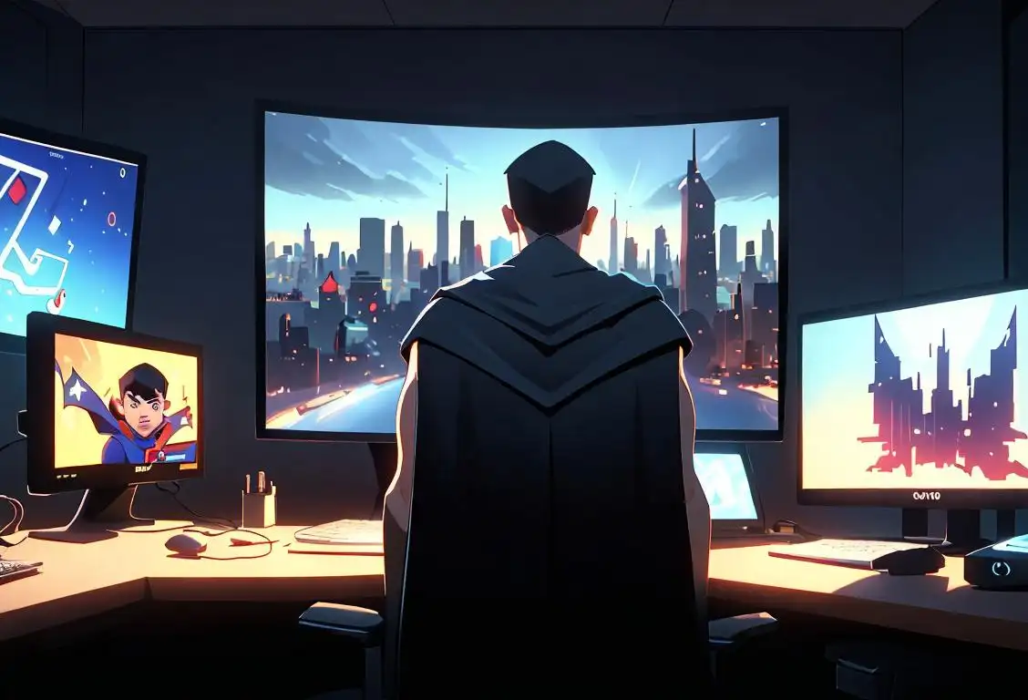 Young person in front of a computer with a cape, superhero style, cityscape background, symbols of computer security on screen..