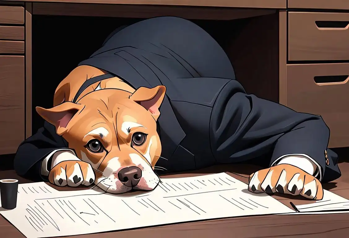 A professional looking person at a desk, secretly petting their dog hiding under the desk, wearing a business suit and working in a modern office setting..