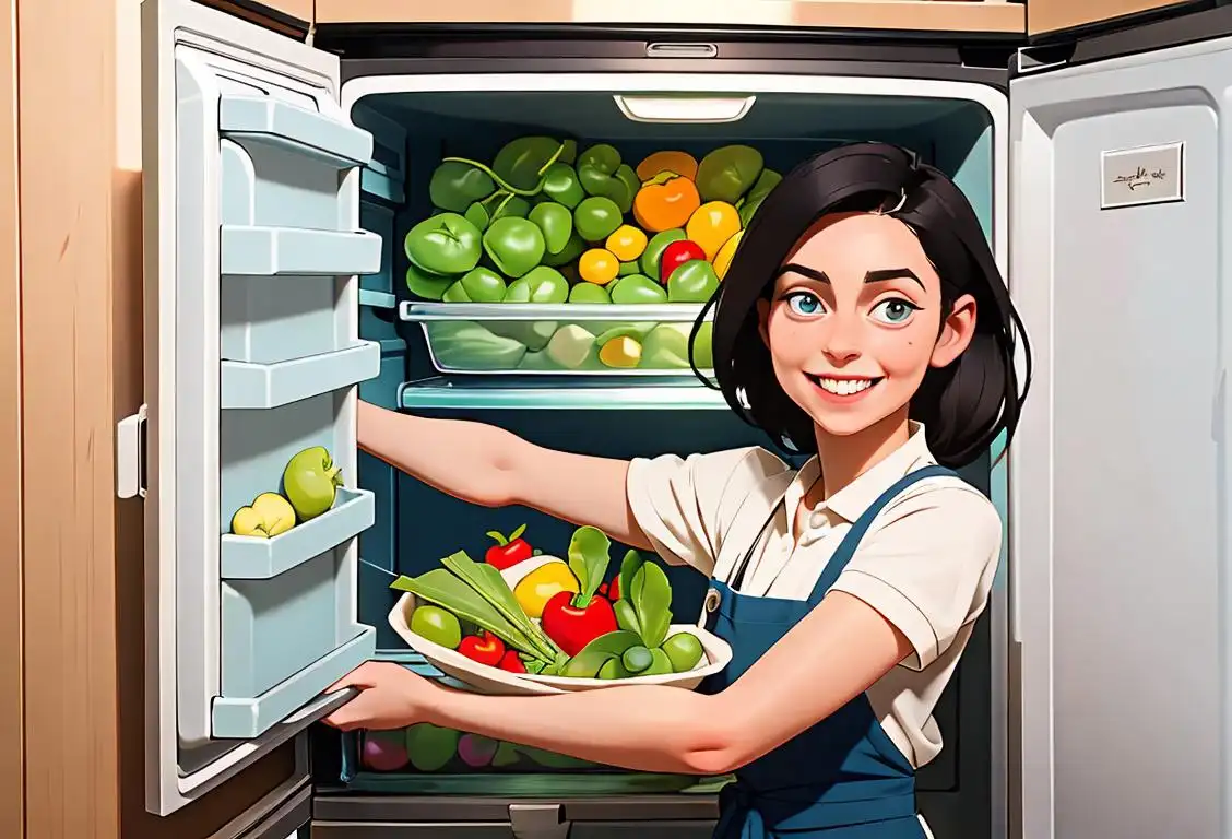 Delighted person rummaging through a clean and organized refrigerator, sporting a stylish apron and surrounded by wholesome fresh produce..