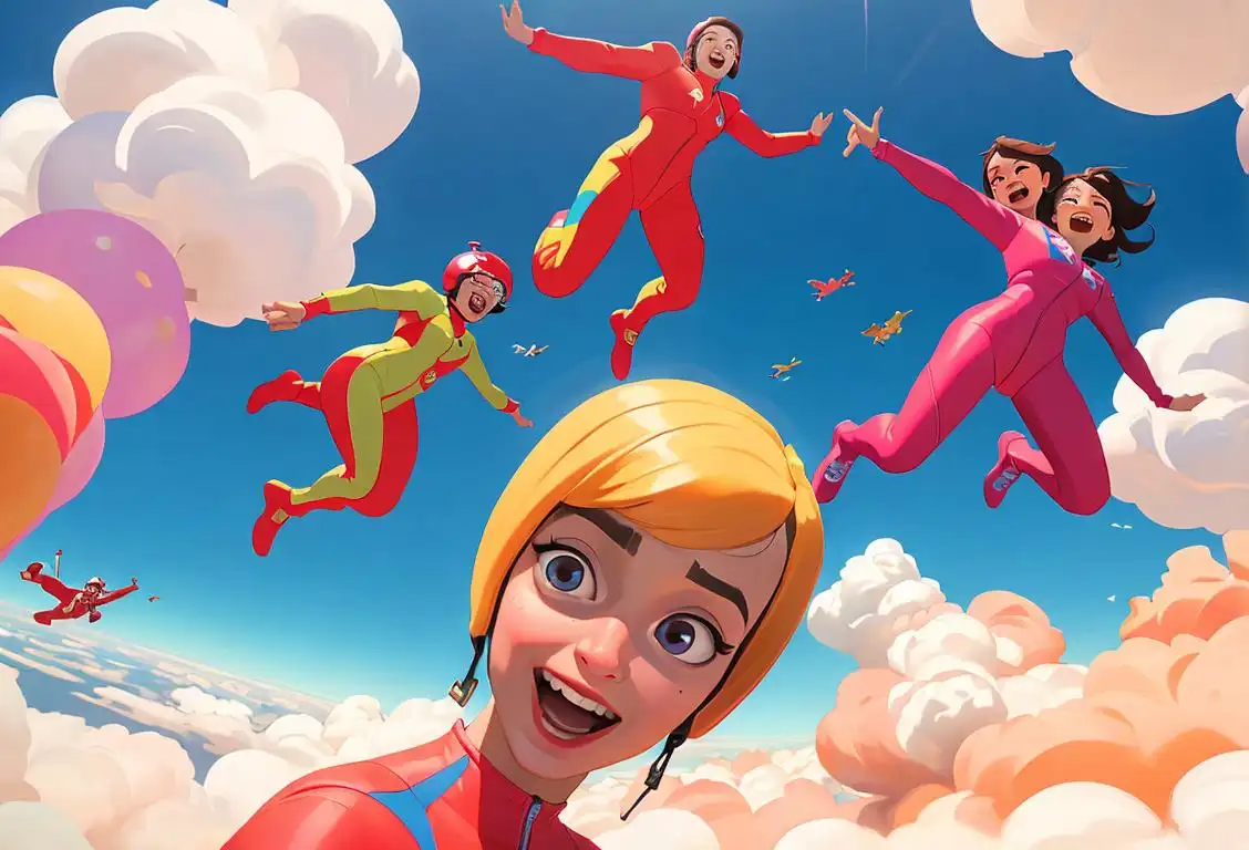 Thrill-seekers in the sky! A group of diverse individuals in colorful jumpsuits, soaring through the clouds with expressions of pure joy..