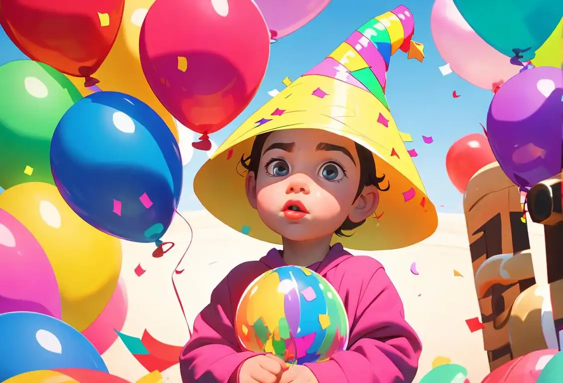 Cute toddler holding a balloon, wearing a party hat, surrounded by colorful confetti, celebrating National Your What Day!.