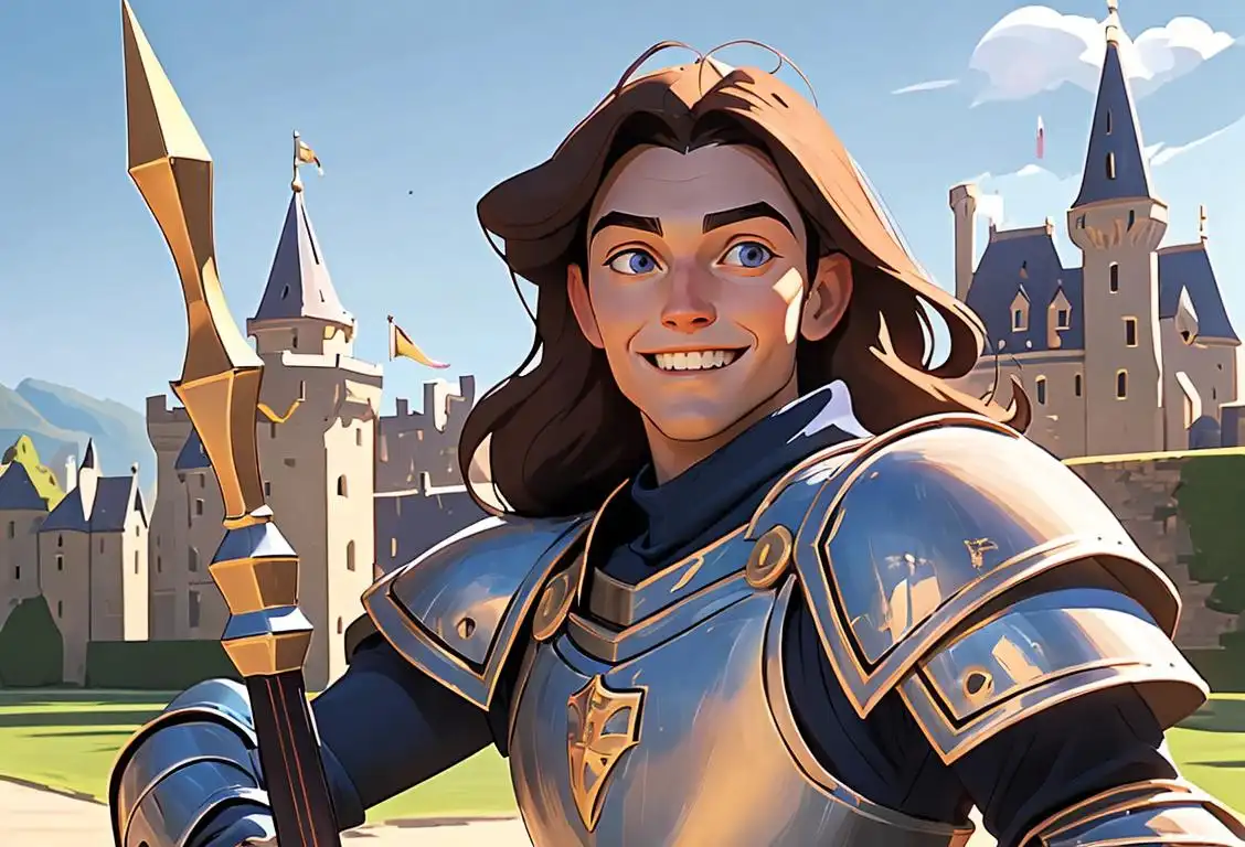 Happy, smiling person wielding a lance, dressed in medieval knight armor, with a castle in the background..