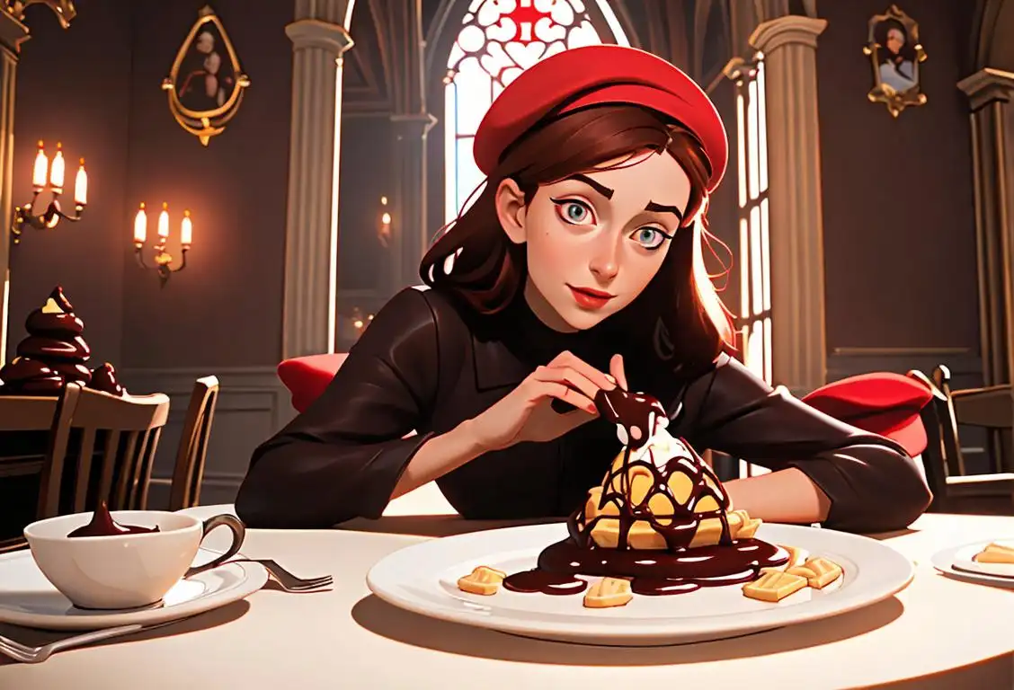 Young woman wearing a red beret, enjoying a plate of Belgian waffles topped with chocolate, surrounded by beautiful medieval architecture in Belgium..