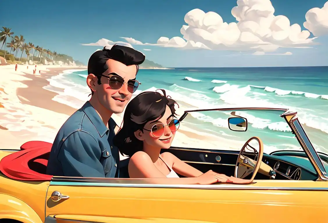 Happy family in a vintage convertible car, wearing sunglasses and beach attire, driving through a picturesque countryside landscape..