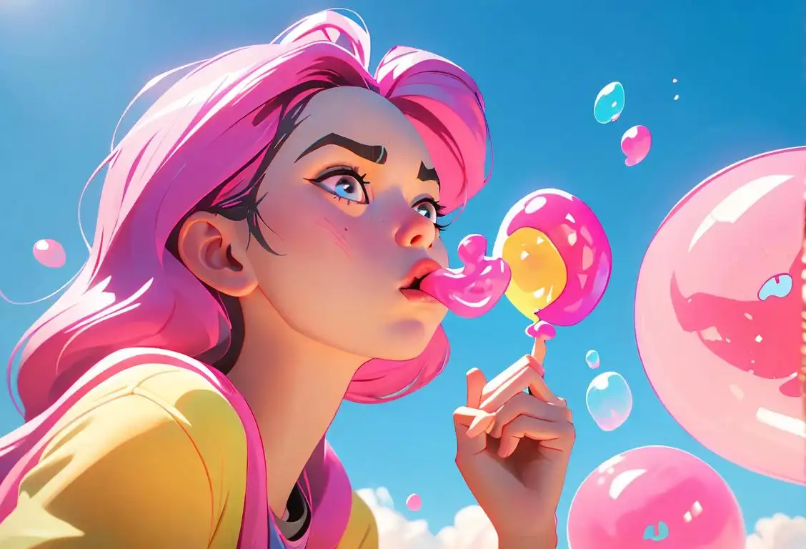 Young girl blowing a giant bubblegum bubble, wearing a colorful retro outfit, playground setting..
