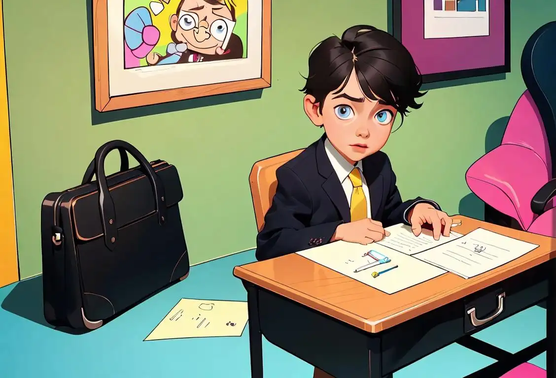 Child wearing a business suit, holding a briefcase, sitting at a desk with colorful office supplies..