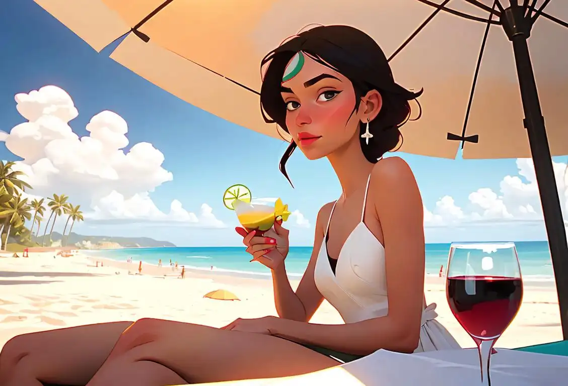 Young woman sipping a wine margarita, wearing a sundress and straw hat, beach setting with palm trees..