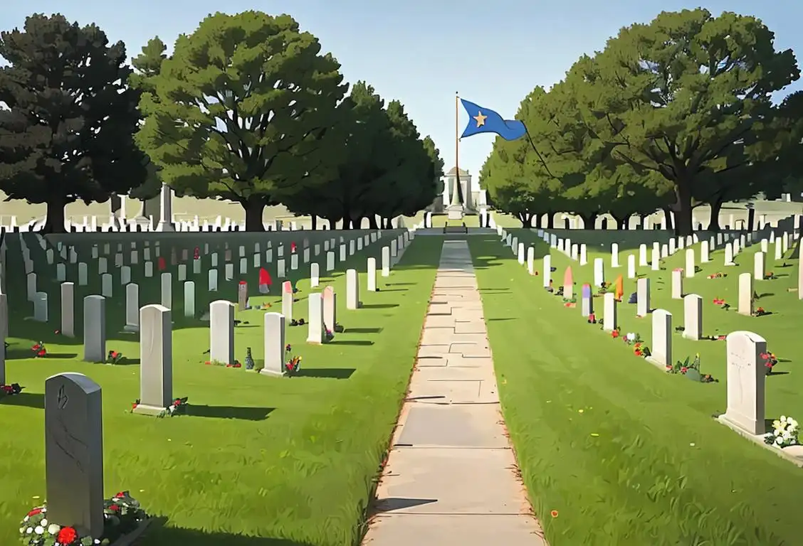 Group of people, dressed in military uniforms and carrying flags, standing solemnly in a lush and serene national cemetery landscape..