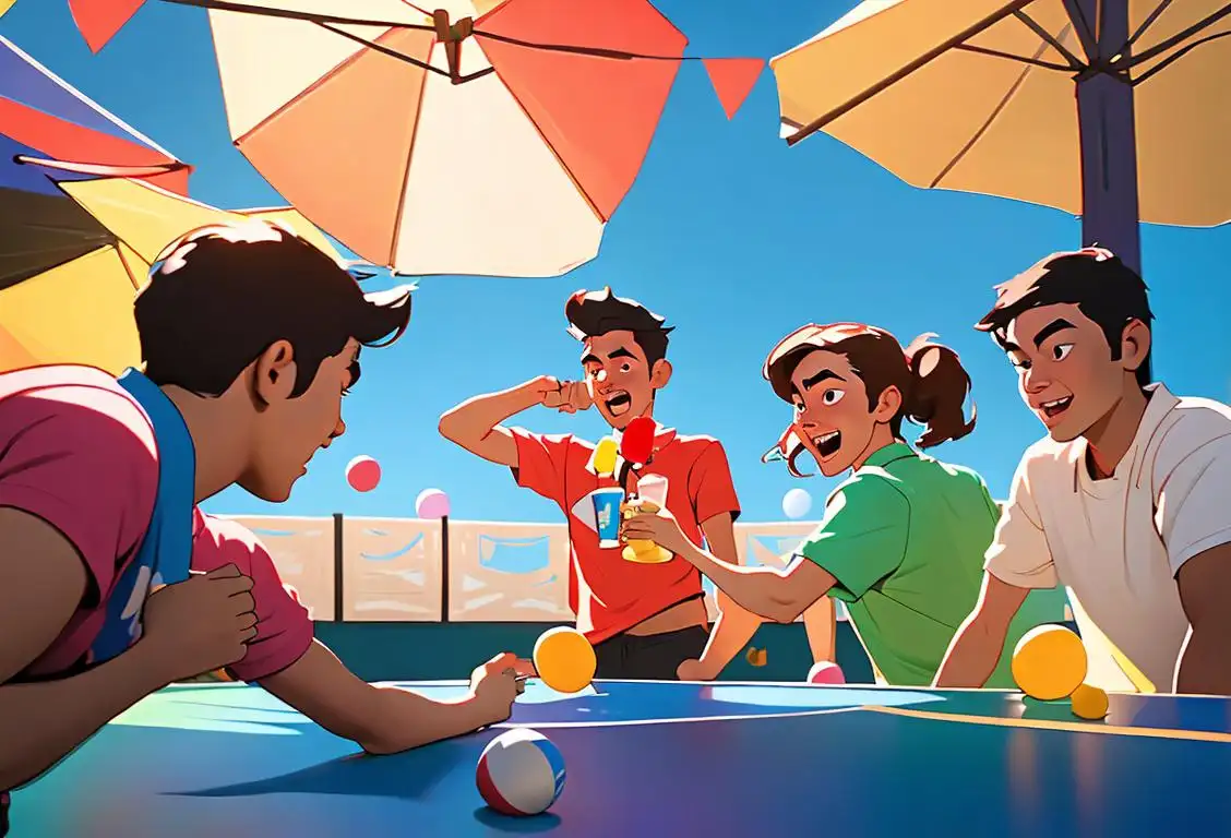Group of friends happily playing beer pong in a backyard party, wearing casual summer outfits, with colorful cups and ping pong balls flying in the air..